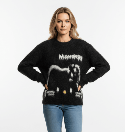 Regular Fit Animal Print Fleece Sweater in black with unique animal print design, worn by a model.