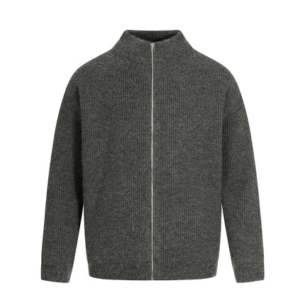 Retro Cardigan Sweater - Loose Fit in a stylish gray ribbed design with a stand-up collar and zip front.