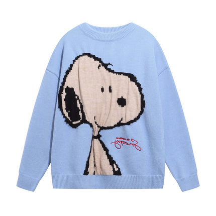 Retro Cartoon Jacquard Hoodie - Loose Fit featuring a playful Snoopy design on a light blue sweater.