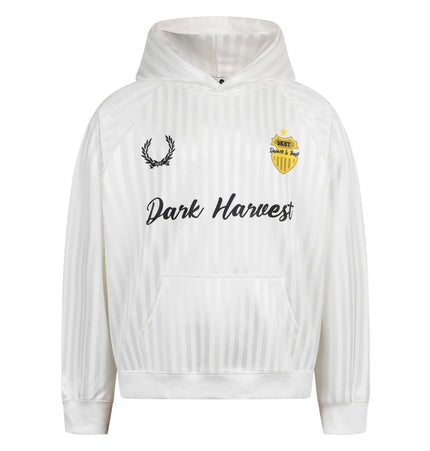 Retro Dark Stripe Patchwork Hoodie in white with hood and dark stripe design, ideal for bold street style.