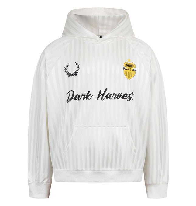 Retro Dark Stripe Patchwork Hoodie in white with hood and dark stripe design, ideal for bold street style.