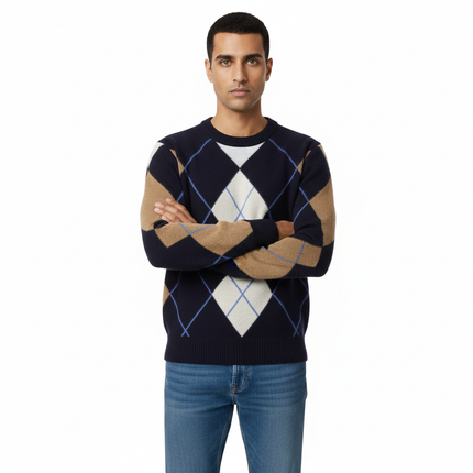 Retro Diamond Grid Round Neck Sweater