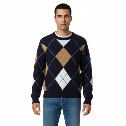 Retro Diamond Grid Round Neck Sweater