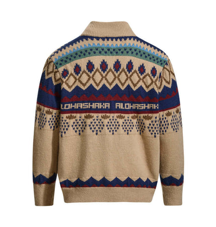 Retro Fair Isle Knit Cardigan – Loose Fit showcasing bold color-block jacquard pattern and relaxed loose fit.