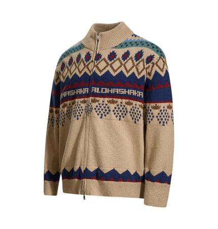 Retro Fair Isle Knit Cardigan – Loose Fit in tan with colorful jacquard pattern and stand collar.