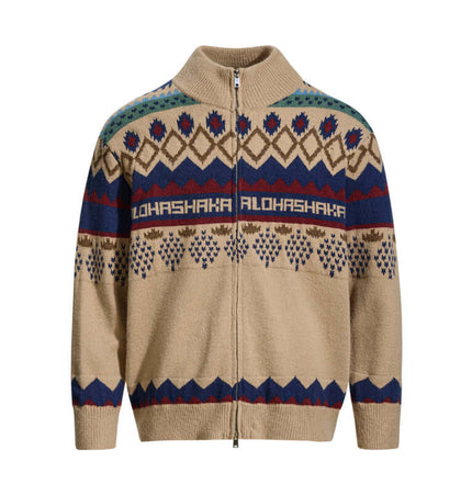 Retro Fair Isle Knit Cardigan – Loose Fit in beige with blue and red jacquard pattern and stand collar.