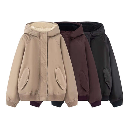 Retro Flight Jacket – Oversized in beige, burgundy, and black showcasing the stylish hooded design.
