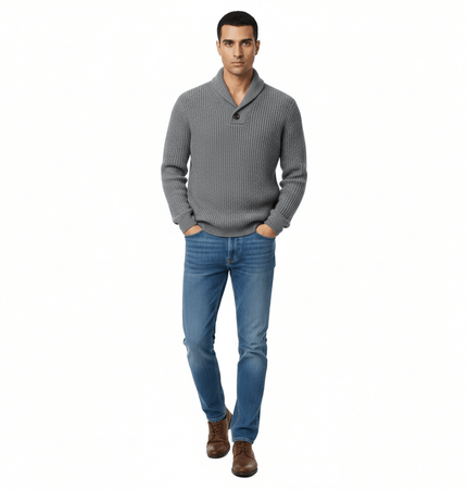 Retro Turn-Down Collar Sweater - Loose Fit worn by a model, showcasing a relaxed style with jeans and shoes.