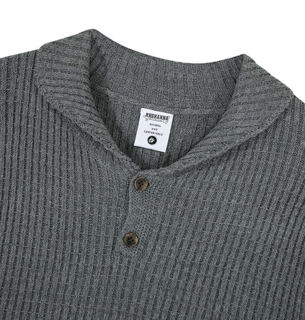 Retro Turn-Down Collar Sweater - Loose Fit in gray knit fabric with buttons and a ribbed texture.