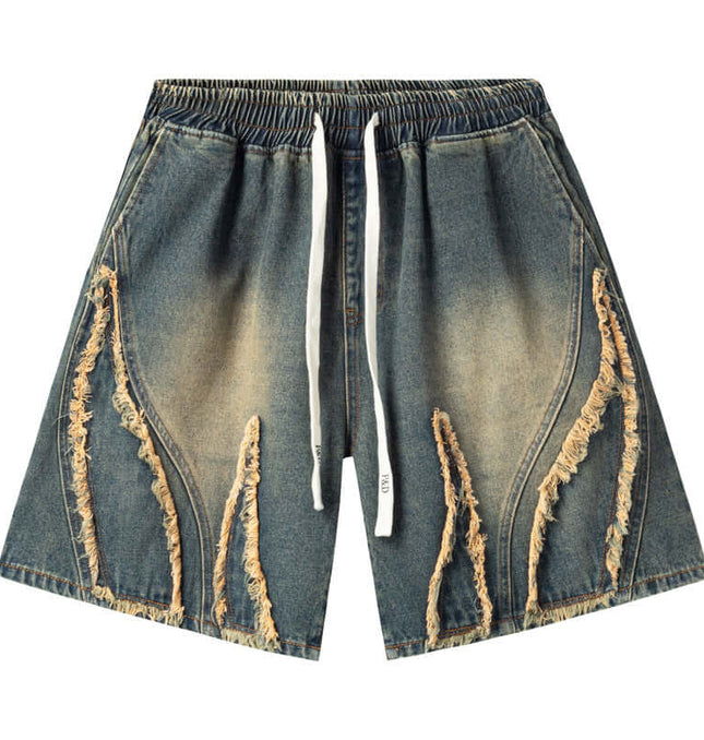Retro Washed Frayed Denim Shorts featuring a trendy frayed fringe hem in blue denim with an elastic waistband.