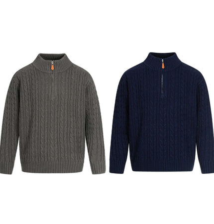 Retro Wool Sweater - Loose Fit in grey and navy, featuring a stylish zip-up design and cozy cable knit texture.