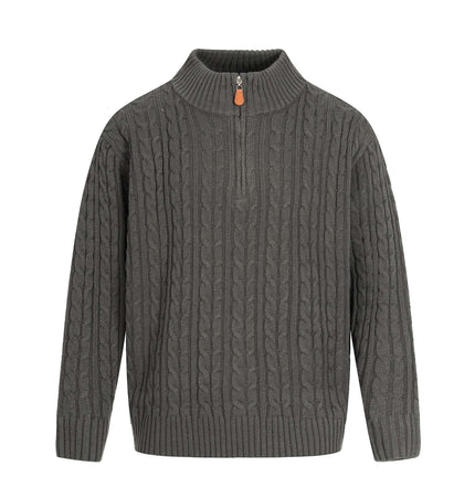 Retro Wool Sweater - Loose Fit in a gray cable knit design with high neck and zip detail, perfect for cozy streetwear style.