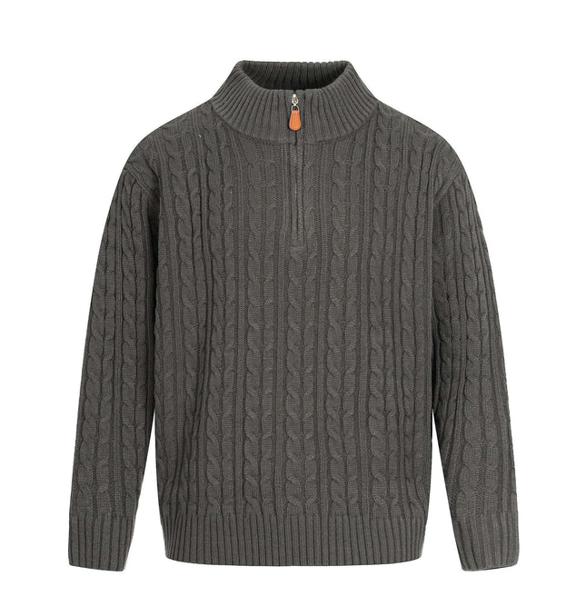 Retro Wool Sweater - Loose Fit in a gray cable knit design with high neck and zip detail, perfect for cozy streetwear style.