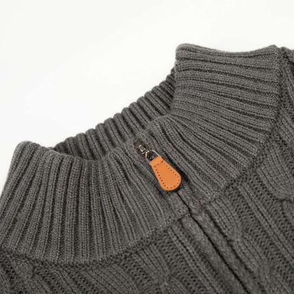 Retro Wool Sweater - Loose Fit close-up of high neck and zipper detail in gray cable knit design.