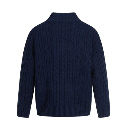 Back view of Retro Wool Sweater - Loose Fit, featuring a navy color and textured knit design.