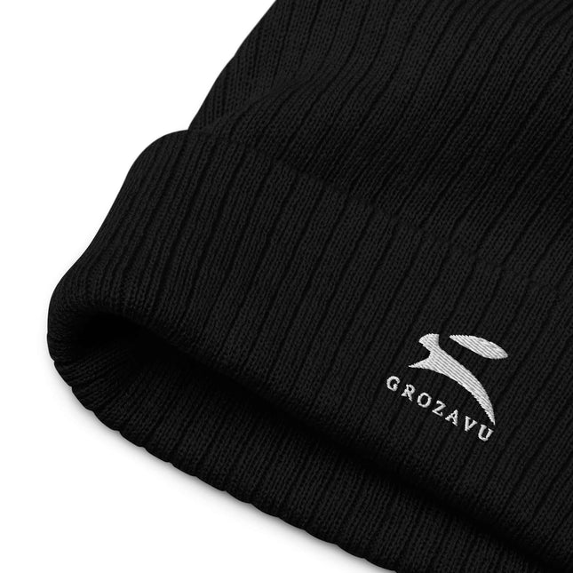 Ribbed knit beanie by Grozavu, featuring a stylish design and black ribbed texture.
