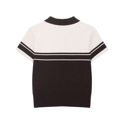 Ribbed Stripe Knit Polo Shirt – Loose Fit showcasing back view with ribbed texture and contrasting colors.