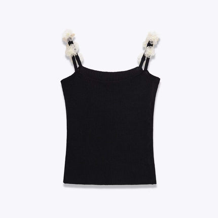 Round Neck Flower Knit Top – Sleeveless, black sleeveless top with flower details, perfect for casual outings.
