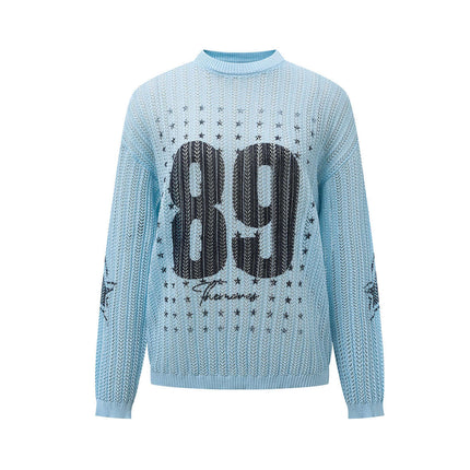Round Neck Jacquard Knit Sweater in light blue with graphic design and loose-fit silhouette.