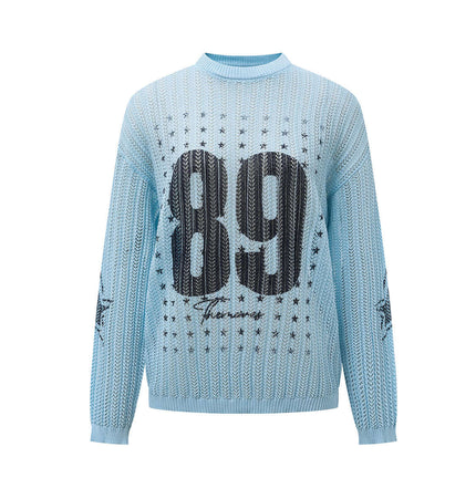Round Neck Jacquard Knit Sweater in light blue with graphic design and loose-fit silhouette.