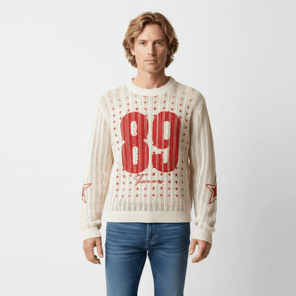 Round Neck Jacquard Knit Sweater in cream with red 89 graphic and star details, perfect for casual styling.