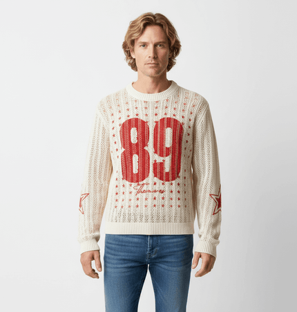 Round Neck Jacquard Knit Sweater in cream with red 89 graphic and star details, perfect for casual styling.