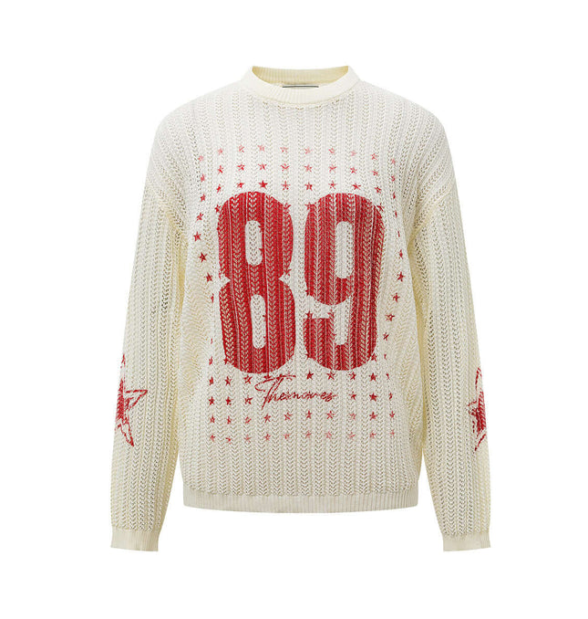 Round Neck Jacquard Knit Sweater featuring a playful 89 graphic with red stars on a cream background.