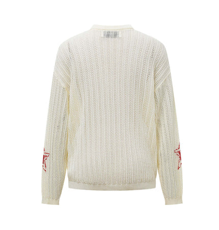 Back view of a Round Neck Jacquard Knit Sweater showcasing its loose-fit and unique design.