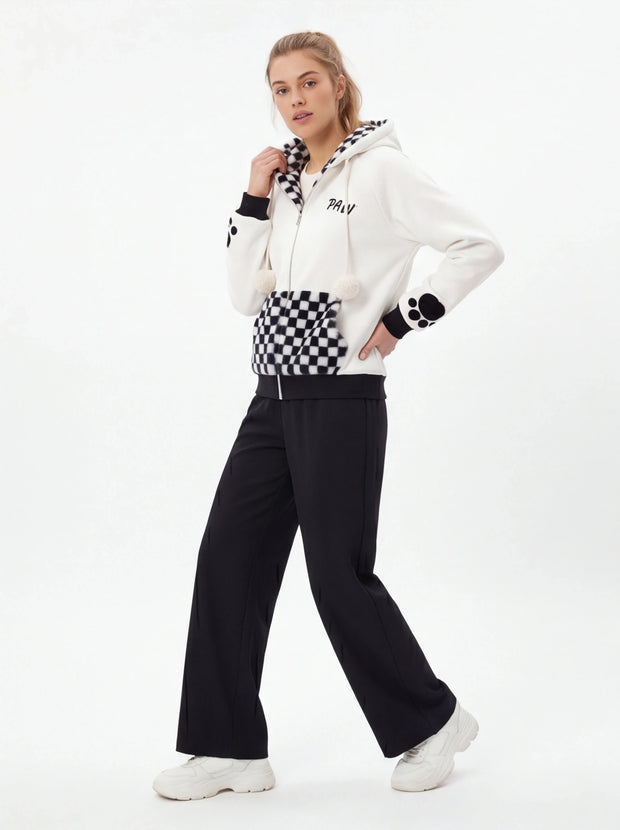 Back view of White checkered patchwork rabbit ear hoodie by Grozavu