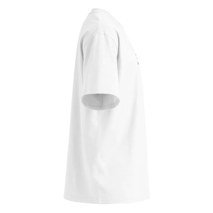 Side view of SATU020 High Neck Tee in white, showcasing its oversized fit and modern design.