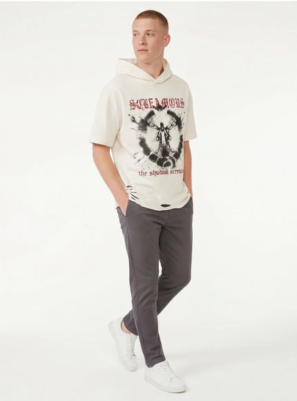 Close-up of Black dark print distressed hooded top fabric