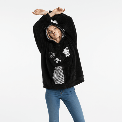 Sherpa Cotton Winter Jacket - Loose Fit worn by model with arms raised, showing cozy black design.