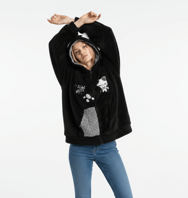 Sherpa Cotton Winter Jacket - Loose Fit worn by model with arms raised, showing cozy black design.