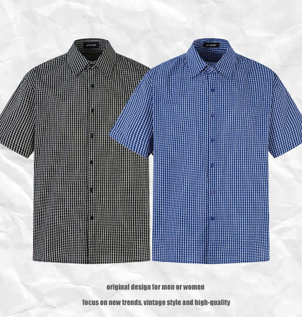 Short Sleeve Plaid Shirt in black and blue patterns, featuring a comfortable design for men and women.