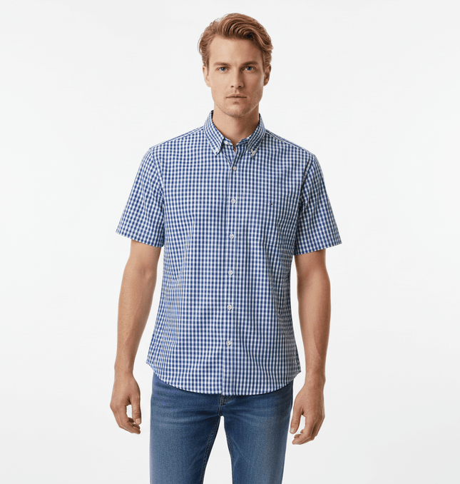Short Sleeve Plaid Shirt in blue and white checked pattern for a relaxed summer look.