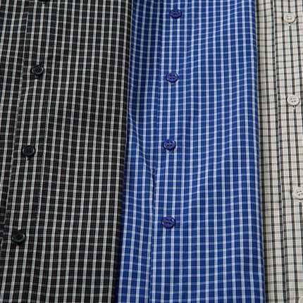 Short Sleeve Plaid Shirt collection featuring black, blue, and white checked patterns for summer fashion.