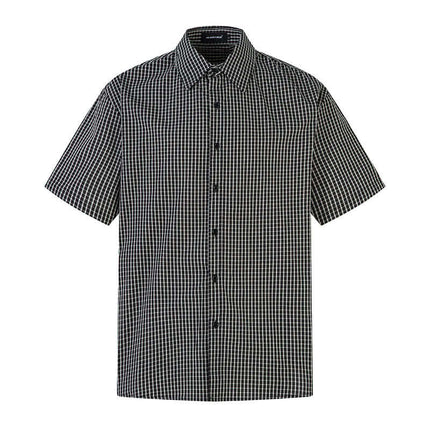 Short Sleeve Plaid Shirt in black and white check pattern with a comfortable flip collar for casual summer style.