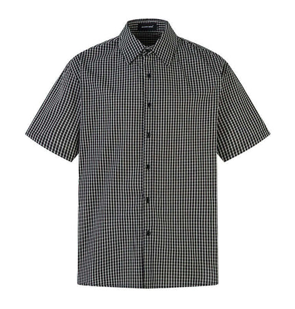 Short Sleeve Plaid Shirt in black and white check pattern with a comfortable flip collar for casual summer style.
