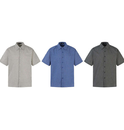 Short Sleeve Plaid Shirt collection showcasing gray, blue, and black designs for relaxed summer style.