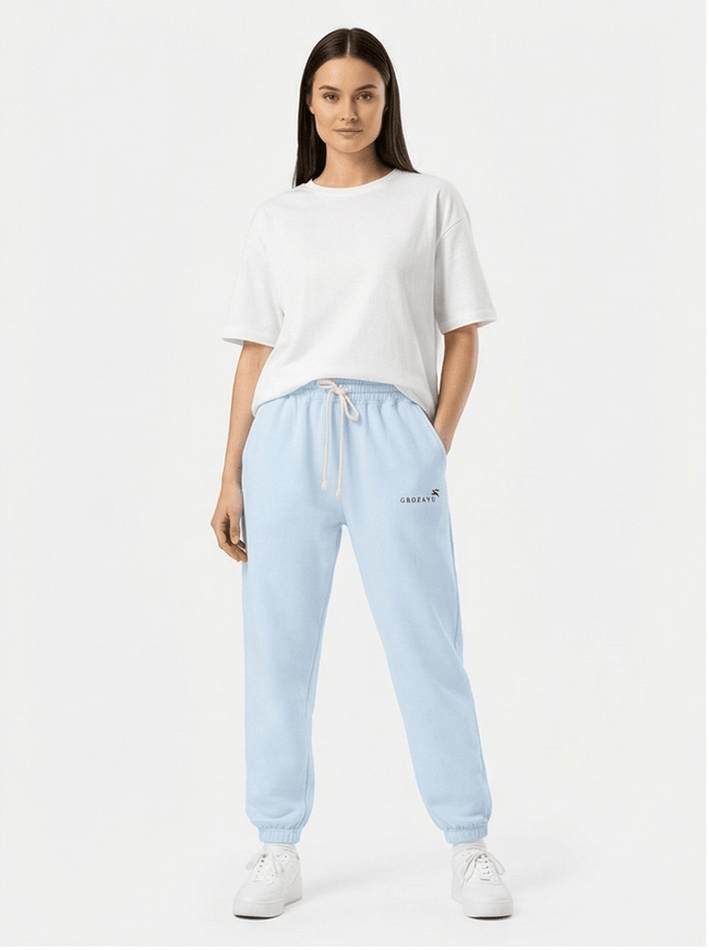 Model wearing relaxed heavyweight sweatpants by Grozavu