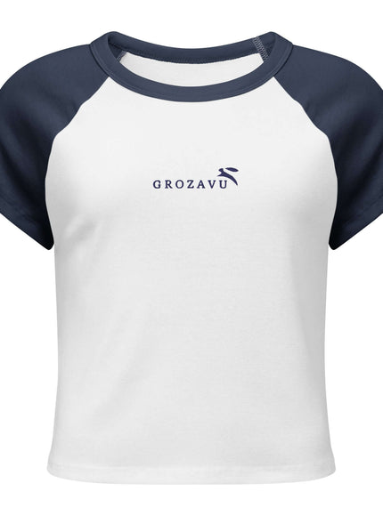 Back view of White/Navy fitted ribbed crop top by Grozavu