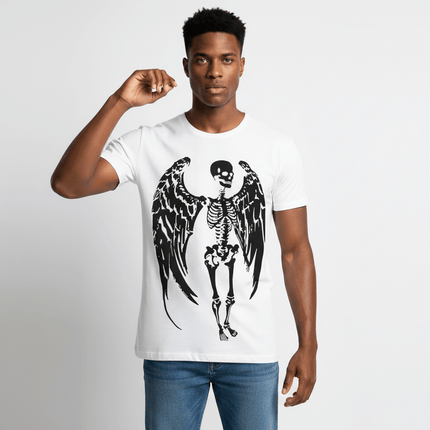 Skull Demon Printed TShirt – Loose Fit worn by a male model with a striking skeleton design and wings.
