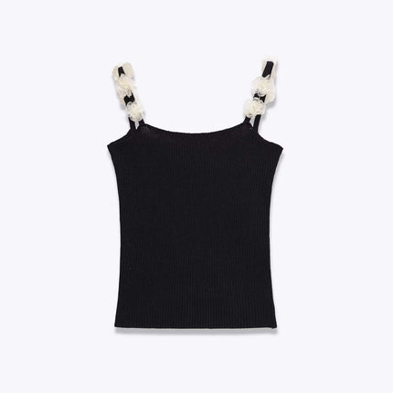 Round Neck Flower Knit Top – Sleeveless in black with floral strap details.