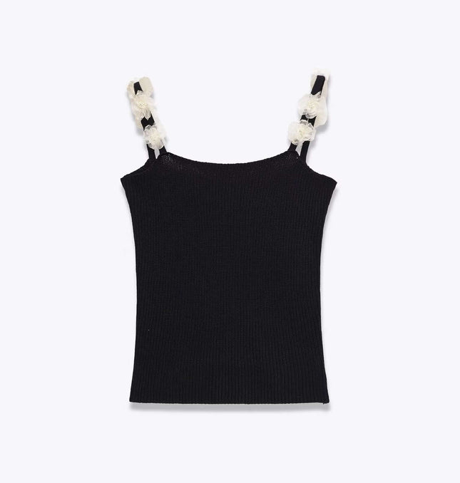 Round Neck Flower Knit Top – Sleeveless in black with floral strap details.