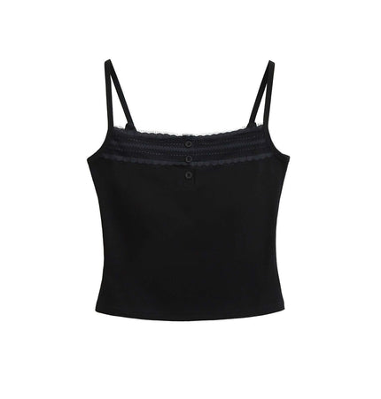 Lace Strap Button Tank Top - Slim Fit in black with delicate lace straps and front button detail.