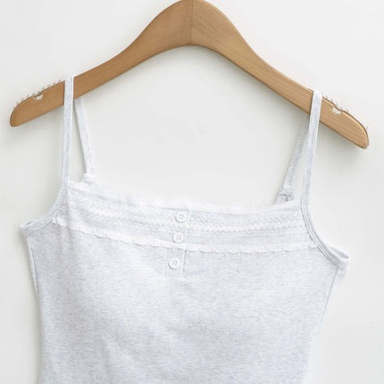 Lace Strap Button Tank Top - Slim Fit displayed on a wooden hanger, featuring lace straps and button detail.