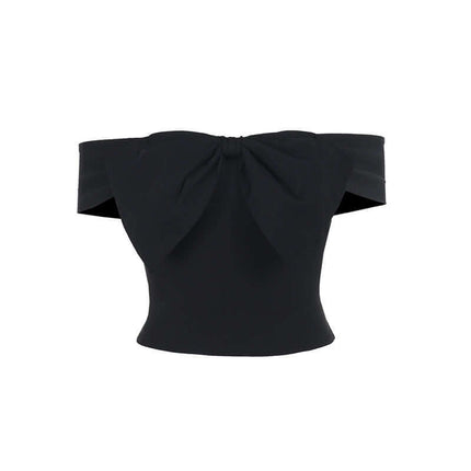 Slim Fit One-Shoulder Bow Top in black with a stylish bow accent and off-shoulder design.
