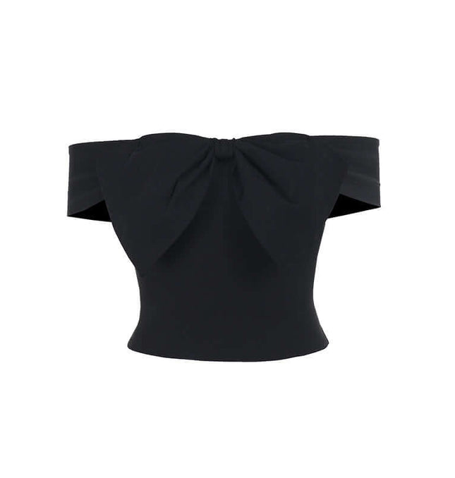 Slim Fit One-Shoulder Bow Top in black with a stylish bow accent and off-shoulder design.