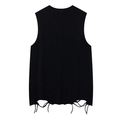 Back view of Smiley Graffiti Print Sleeveless Tank Top featuring slashed hole detailing and relaxed fit.