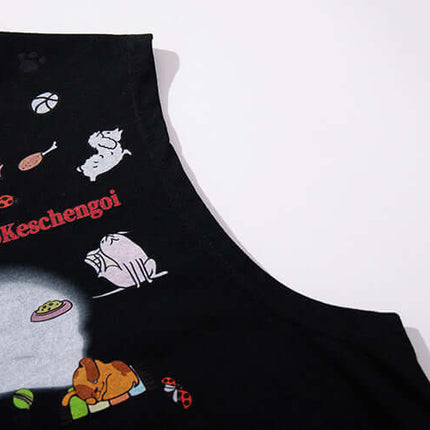 Smiley Graffiti Print Sleeveless Tank Top showcasing unique animal graphics and playful designs on a black background.